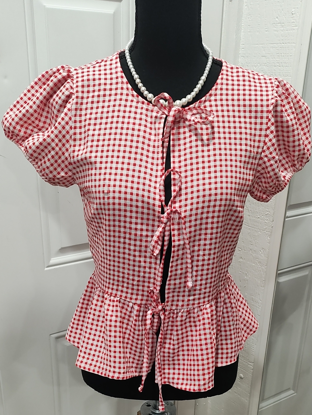 Red Gingham Tie-Front Peplum Top - Women
